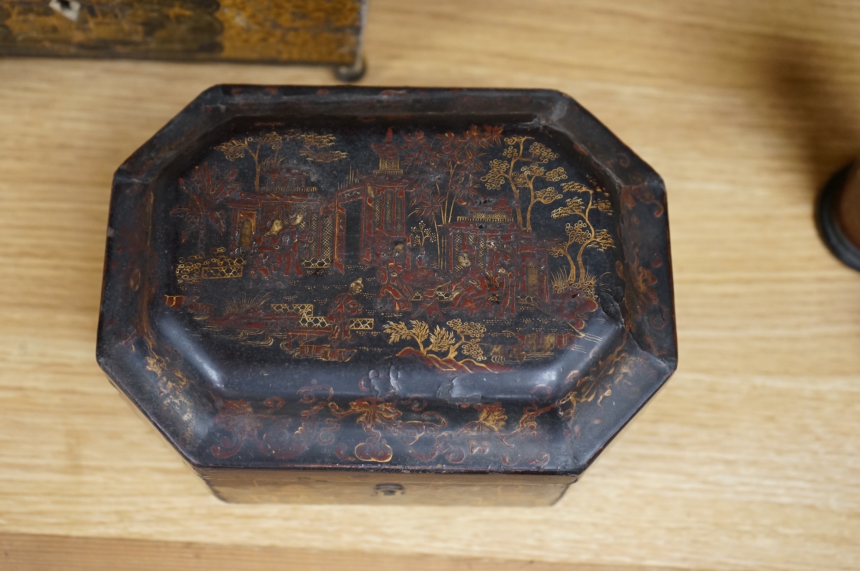 A Chinese lacquer tea caddy and a japanned sewing box (2)